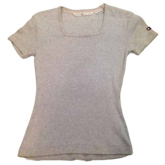 Y2K Tommy Hilfiger Gray Square Neck Ribbed Short Sleeve Top - Picture 1 of 3